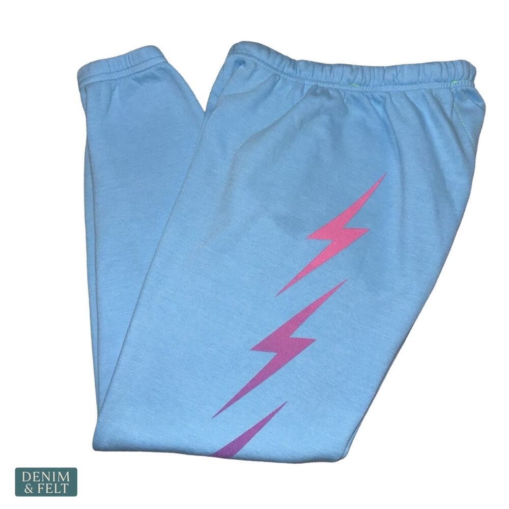Aviator Nation Bolt Fade 4 Sweatpants Sky Blue Lightning‎ Lounge Cozy USA Made - Picture 6 of 13